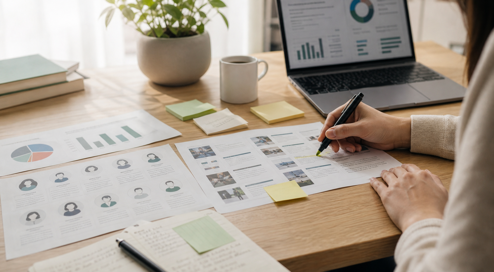 Research desk with market notes, audience insights and competitor analysis
